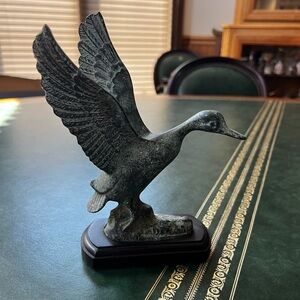 Vintage Metal Flying Duck Statue Figurine on Wooden Base